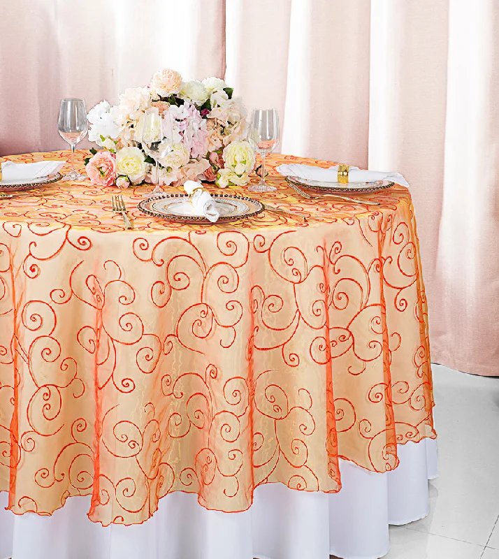 108" Seamless Round Embroidered Organza Tablecloth/Table Overlay - Orange (1pc)