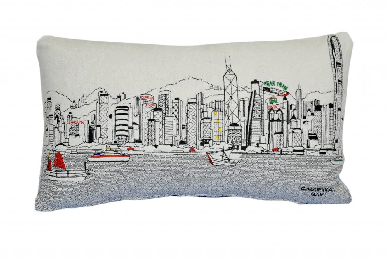 25" White Hong Kong Daylight Skyline Lumbar Decorative Pillow