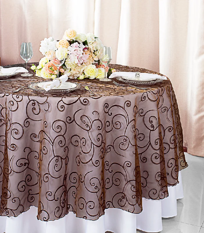 108" Seamless Round Embroidered Organza Tablecloth/Table Overlay - Chocolate (1pc)