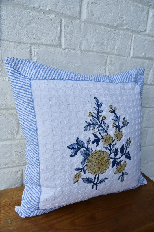 Royal blue with marigold waffle cotton HandBlock cushion cover