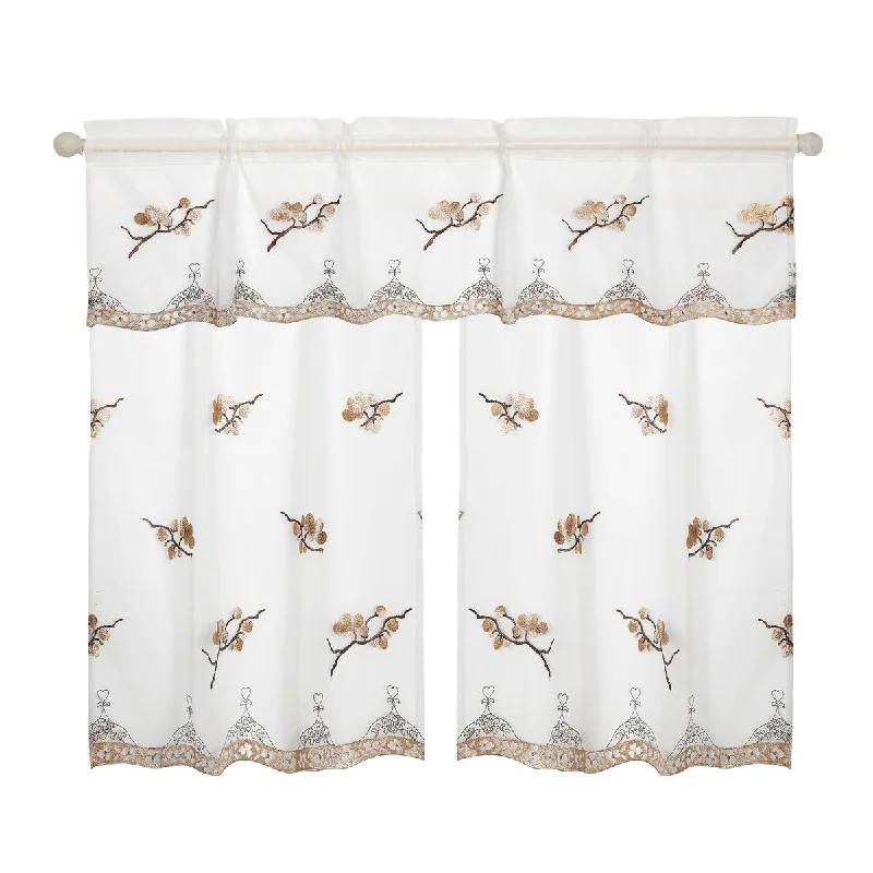 Violet Linen Leaves Vintage Boutique Lace, Leaves, 3pc Set 60" x 18" Valance, 30" x 36" Tiers, Decorative Window Kitchen Curtain