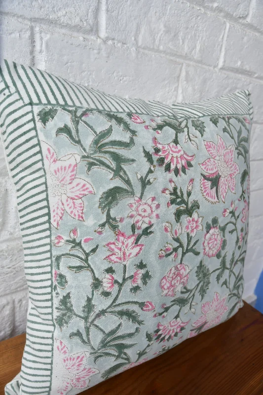 Sea Green & Pink Floral Cushion: Coastal Charm Meets Indian Block Prints