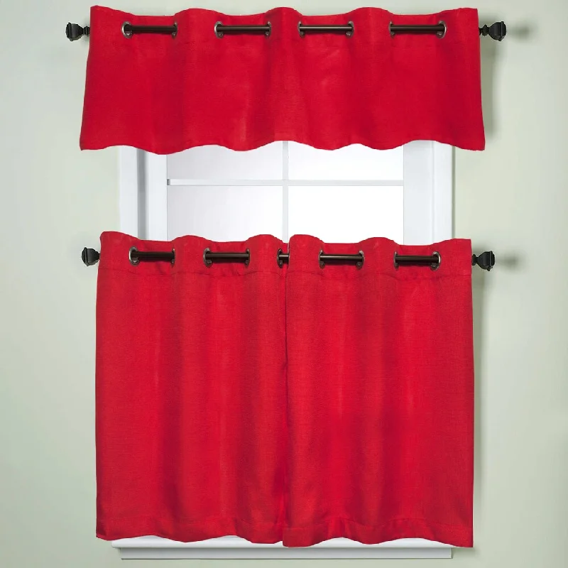 Modern Subtle Texture Solid Red Kitchen Curtain Parts with Grommets- Tier and Valance Options