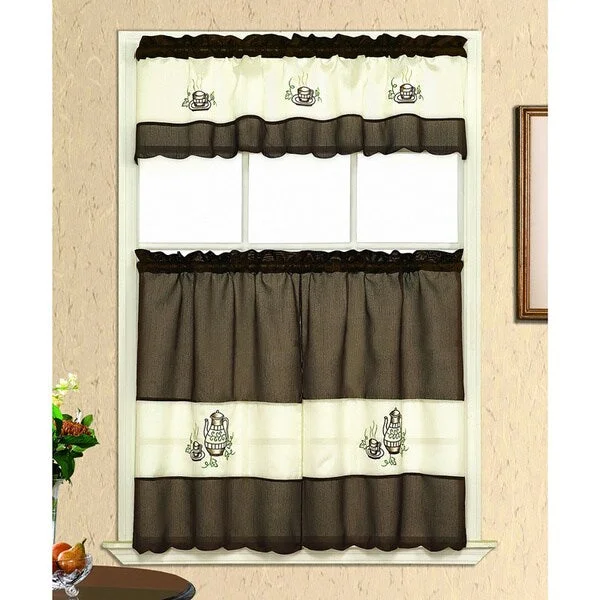 Coffee Embroidery Tiered Curtain Set (3-piece)