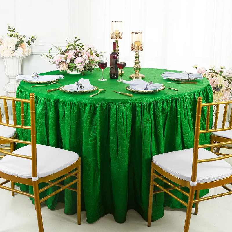 72" Round Ruffled Fitted Crushed Taffeta Tablecloth With Skirt - Emerald Green (1pc)