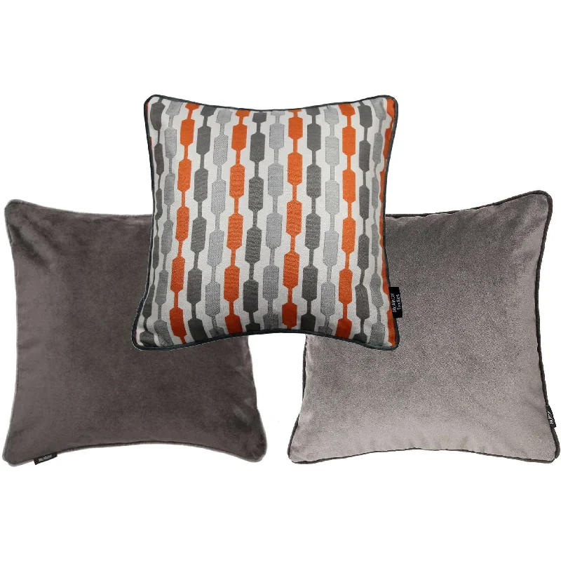 Lotta + Plain Velvet 43cm x 43cm Cushion Set of 3 - Burnt Orange + Grey