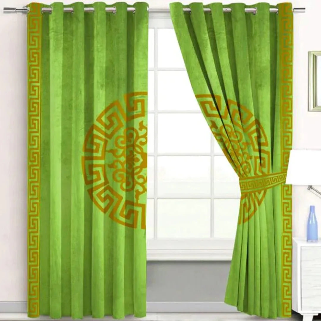 Pair of Versace Velvet Eyelet Curtains Brown On Green With Tie Belts