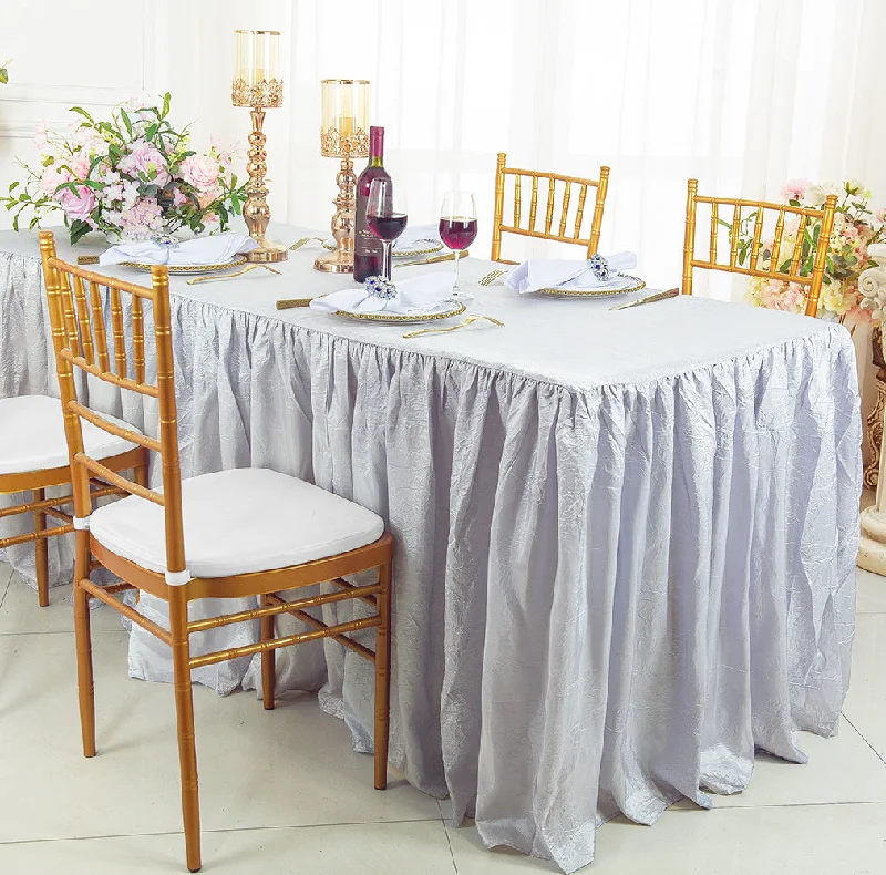 8 Ft Rectangular Ruffled Fitted Crushed Taffeta Tablecloth With Skirt - Platinum/Light Silver (1pc)