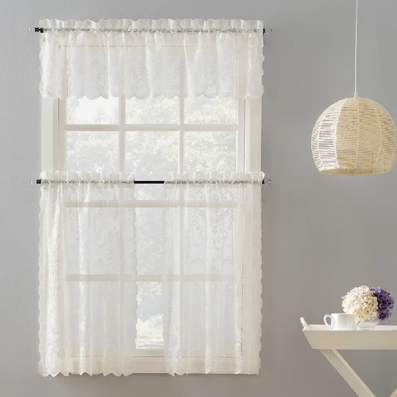 No. 918 Ariella Floral Lace Rod Pocket Kitchen Curtain Valance and Tiers Set