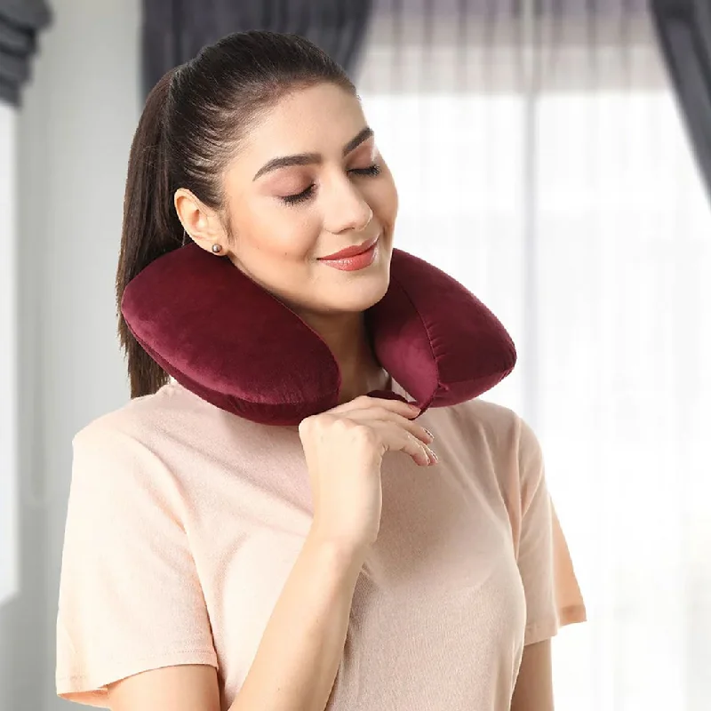 Velvet Neck Rest Pillow / Travel Pillow For Comfort & Support (Maroon)