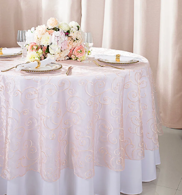 90" Seamless Round Embroidered Organza Tablecloth/Table Overlay - Blush Pink/Rose Gold (1pc)