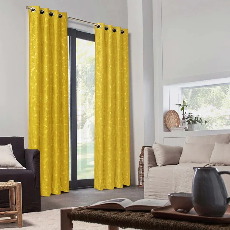 Pair Of Embossed Velvet Eyelet Curtain- Mustered Color