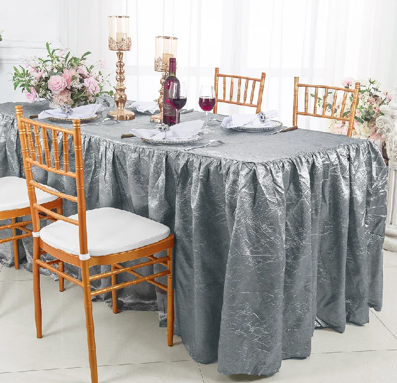 8 Ft Rectangular Ruffled Fitted Crushed Taffeta Tablecloth With Skirt - Silver (1pc)