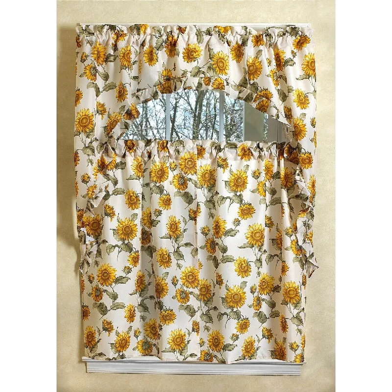 Violet Linen Classic European Sunflower 3pc Set 60" x 18" Valance, 30" x 36" Tiers, Decorative Window Kitchen Curtain Set