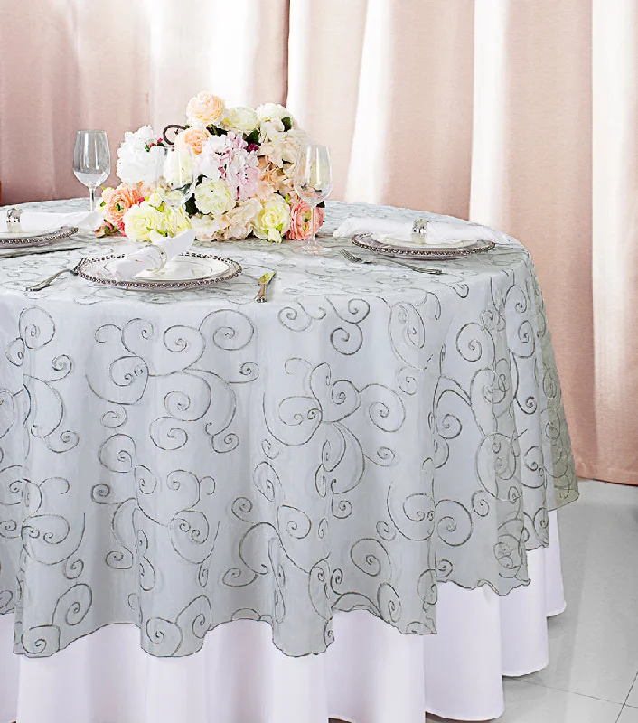 108" Seamless Round Embroidered Organza Tablecloth/Table Overlay - Silver (1pc)