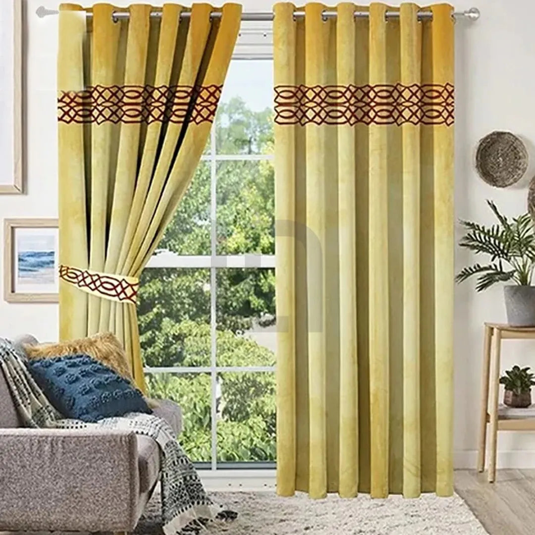 Pair of Crocodile Pattern Velvet Eyelet Curtains Maroon On Yellow With Tie Belts