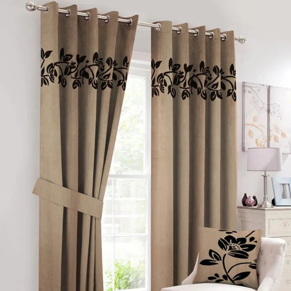 Pair of Decorative Floral Velvet Eyelet Curtains Black On Beige With Tie Belts