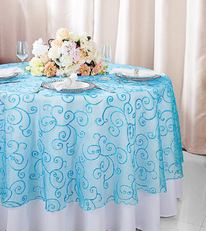 108" Seamless Round Embroidered Organza Tablecloth/Table Overlay - Turquoise (1pc)