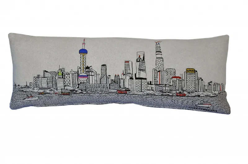 35" White Shanghai Daylight Skyline Lumbar Decorative Pillow