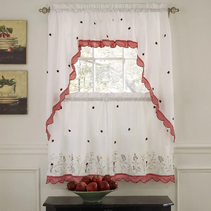 Embroidered Ladybugs Window Curtain Pieces