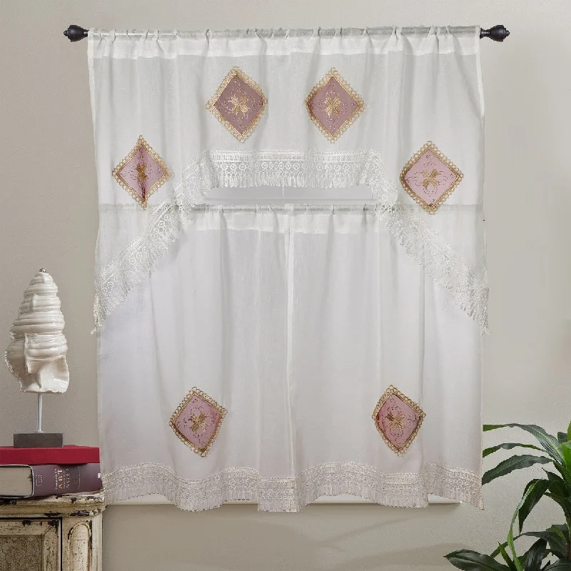 Violet Linen Emerald Sheer Embroidered Burgundy 3pc Set 60" x 18" Valance, 30"x 36" Tiers, Decorative Window Kitchen Curtain Set