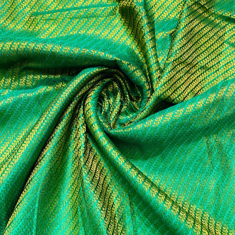 Green With Gold Zari Leaf Print Banarasi Brocade Fabric