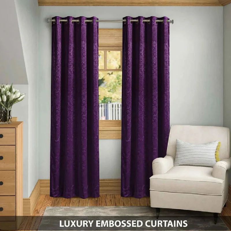 Pair Of Embossed Velvet Eyelet Curtain- Purple Color