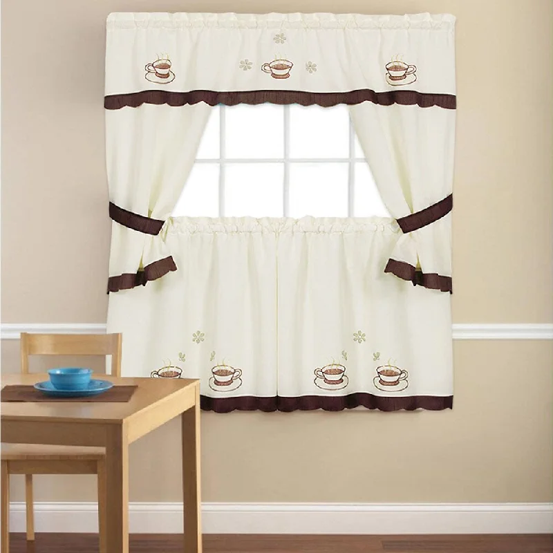 Embroidered 'Coffee Cup' 5-piece Kitchen Curtain Set