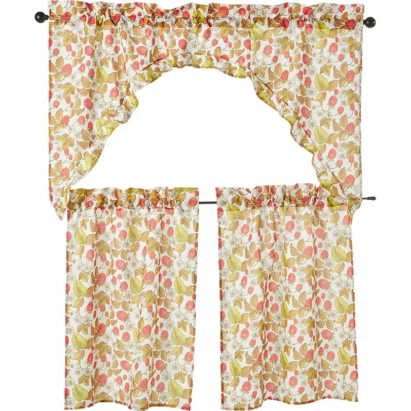 Violet Linen European Fruits Flowers, Strawberries, 3pc Set 60" x 18" Valance, 30"x36" Tiers, Decorative Window Kitchen Curtain