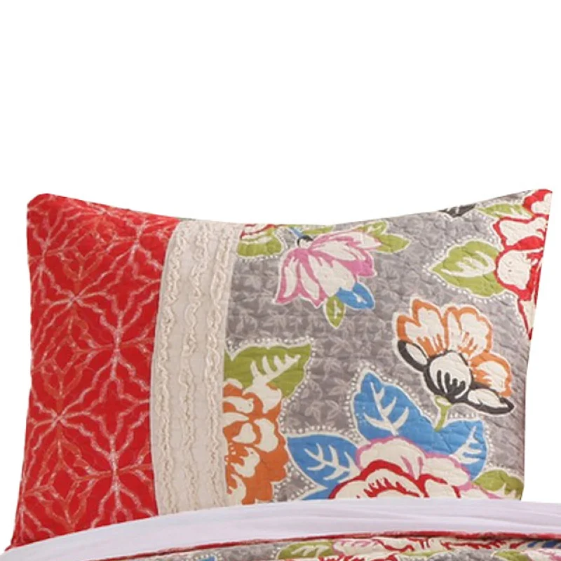 36 Inch Quilted Ruffled King Pillow Sham, Arabesque Print, Multicolor Roses