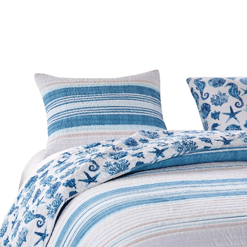 Riga 36 Inch King Pillow Sham, Blue Seashells Print, Microfiber, Zippers