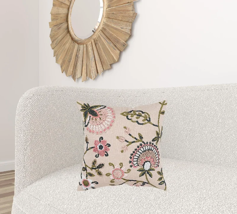 Blush Botanical Pattern Embroidered Throw Pillow