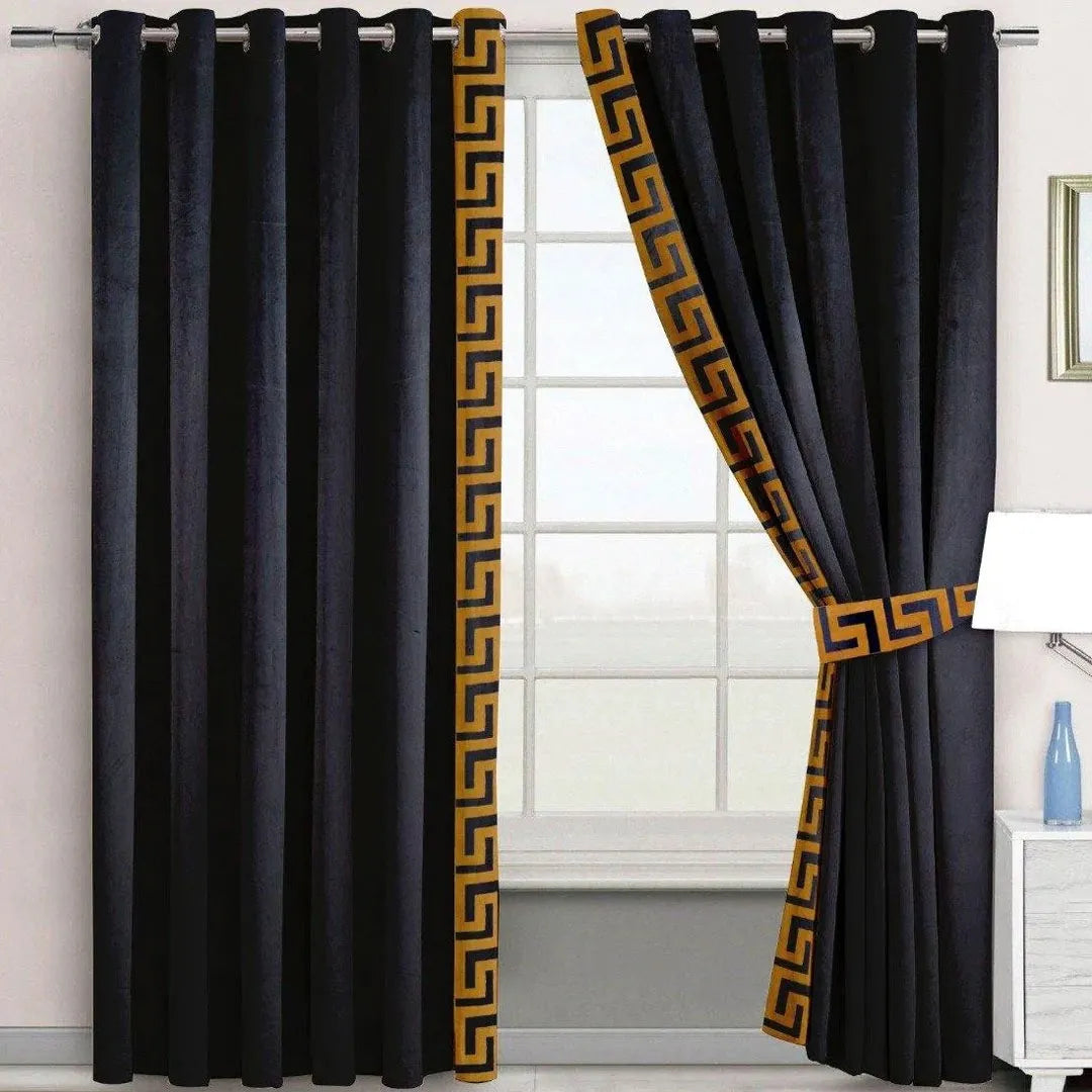 Pair of Versace Border Velvet Eyelet Curtains Golden On Black With Tie Belts