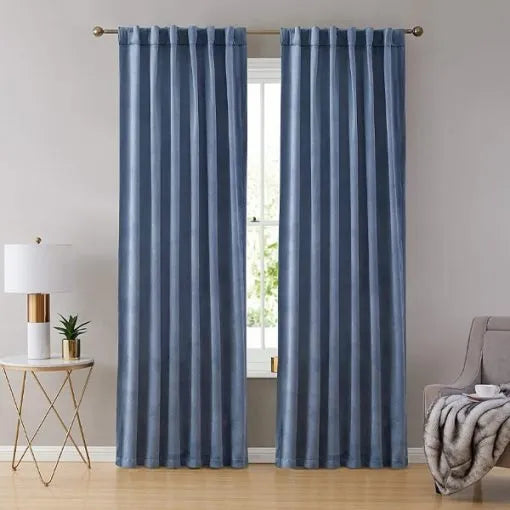 Pair Of Premium Velvet Eyelet Curtain- Sky Blue