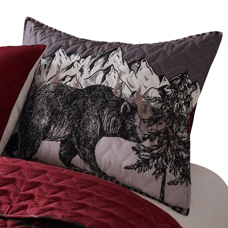 Sofia 20 x 36 King Pillow Sham, Red Plaid Microfiber, Bear and Mountain