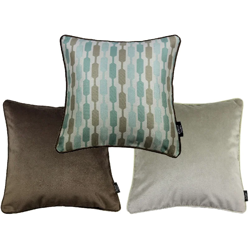 Duck Egg Blue Geometric and Plain Velvet 43cm x 43cm Cushion Set of 3