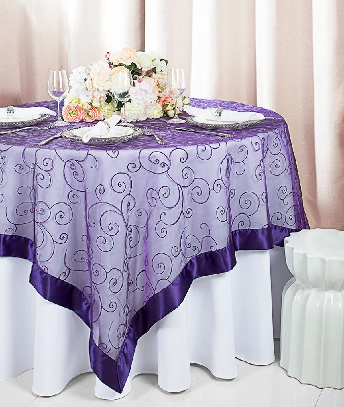 85"x85" Seamless Square Embroidered Organza Tablecloth/Table Overlay - Regency Purple (1pc)