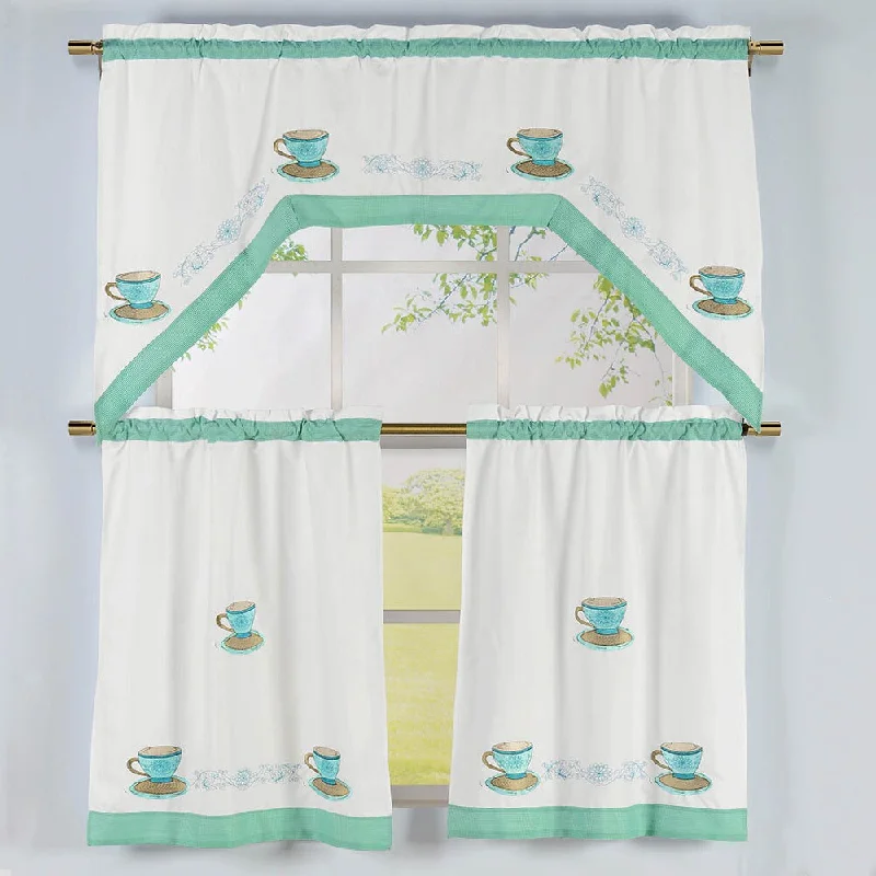 Tea Time Pattern Embroidered Swag Valance and Tiers Kitchen Curtain (3-piece Set)