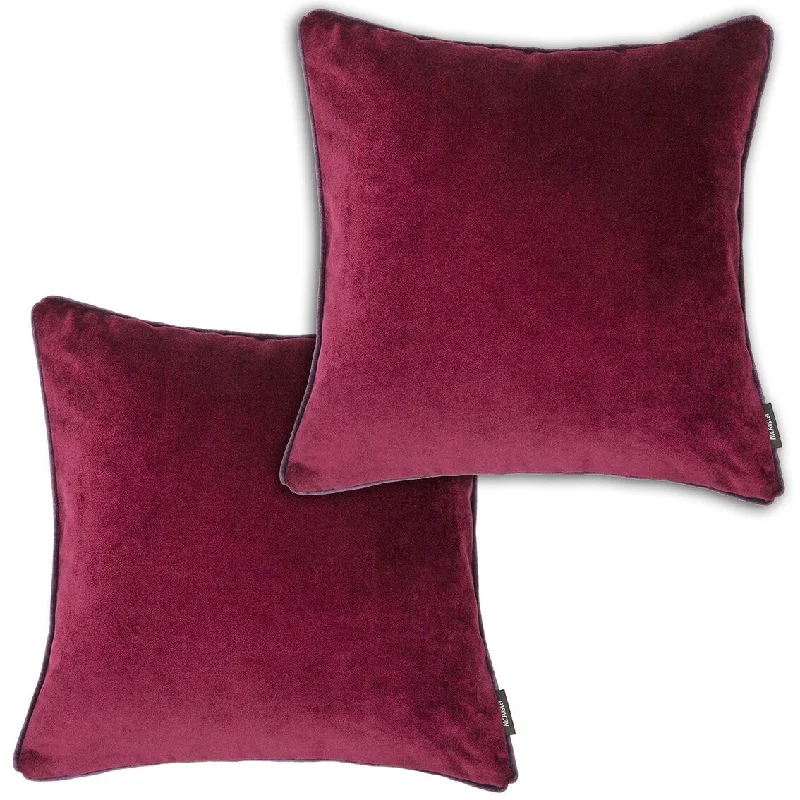 Matt Wine Red Velvet 43cm x 43cm Contrast Piped Cushion Sets