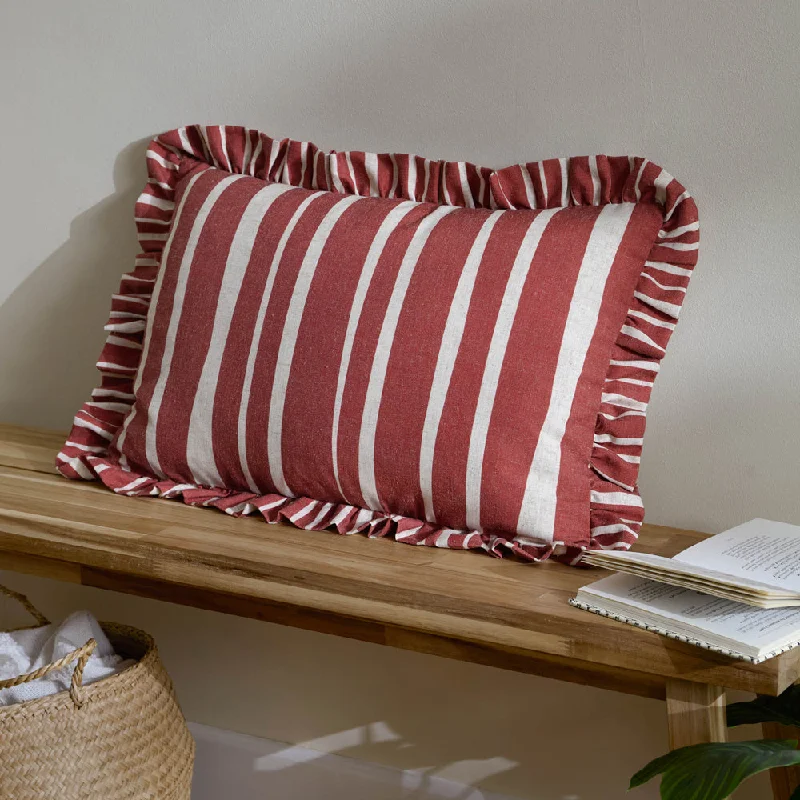 Carmon Stripe Ruffle Cushion Linen/Red