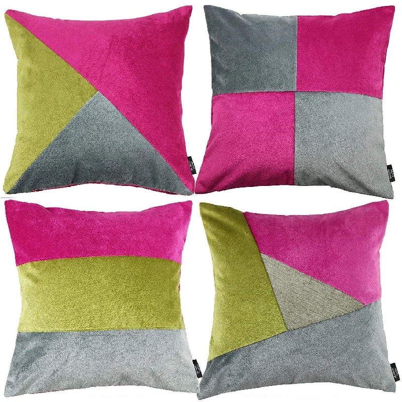 Patchwork Velvet Pink, Green + Grey 43cm x 43cm Cushion Set