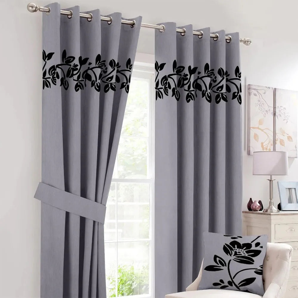 Pair of Decorative Floral Velvet Eyelet Curtains Black On Grey With Tie Belts