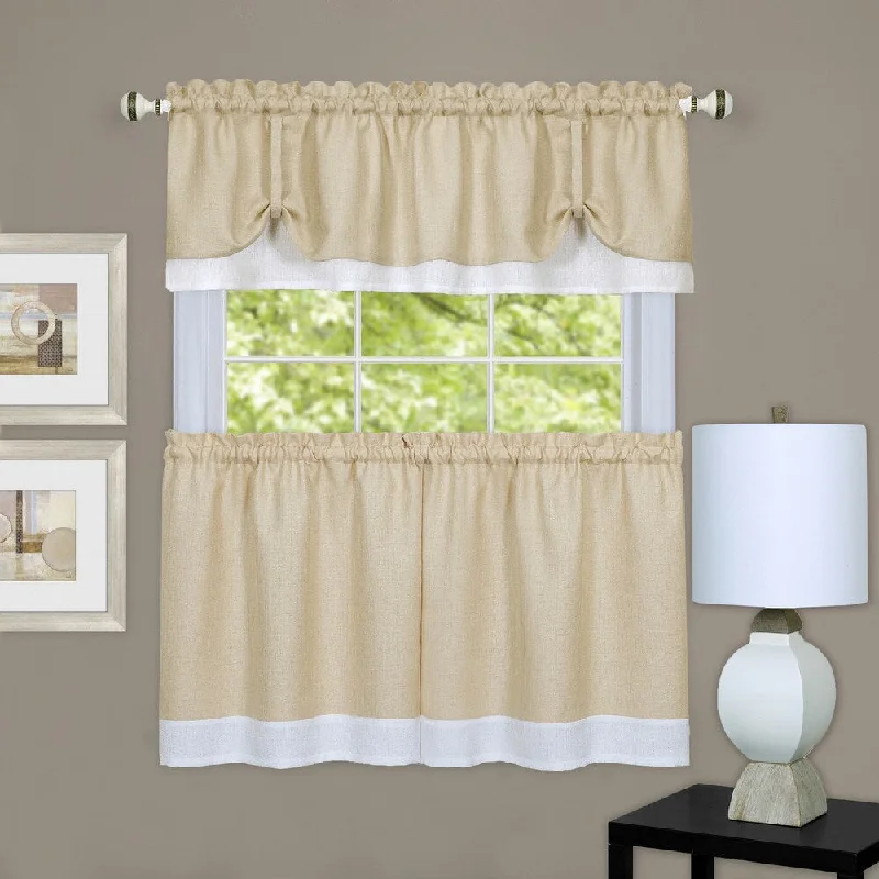 Double Layer Tie-Up Tan/ White 3-piece Tier and Valance Window Curtain Set