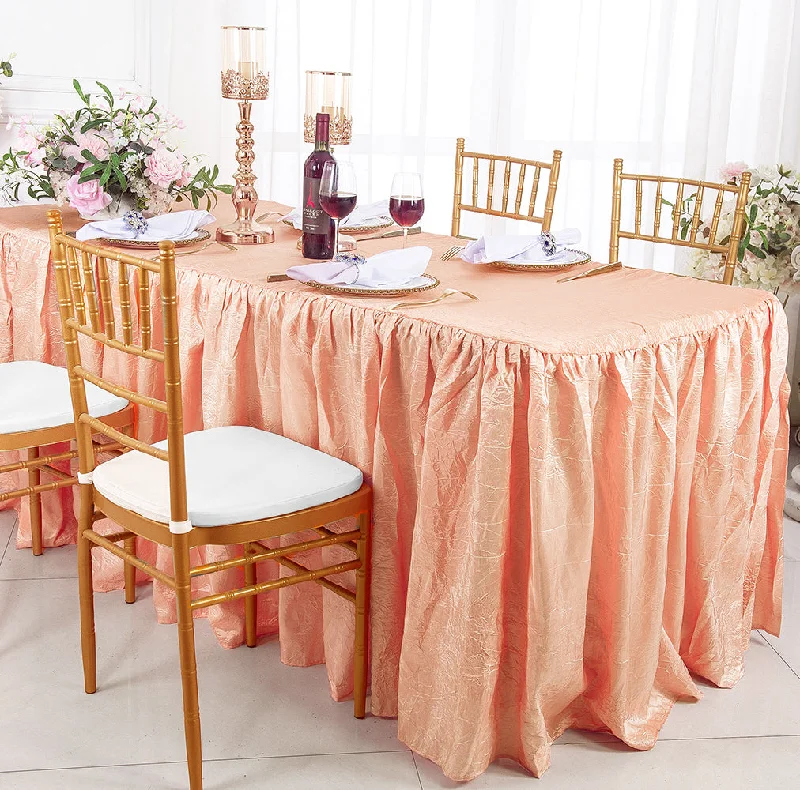 8 Ft Rectangular Ruffled Fitted Crushed Taffeta Tablecloth With Skirt - Apricot/Peach (1pc)