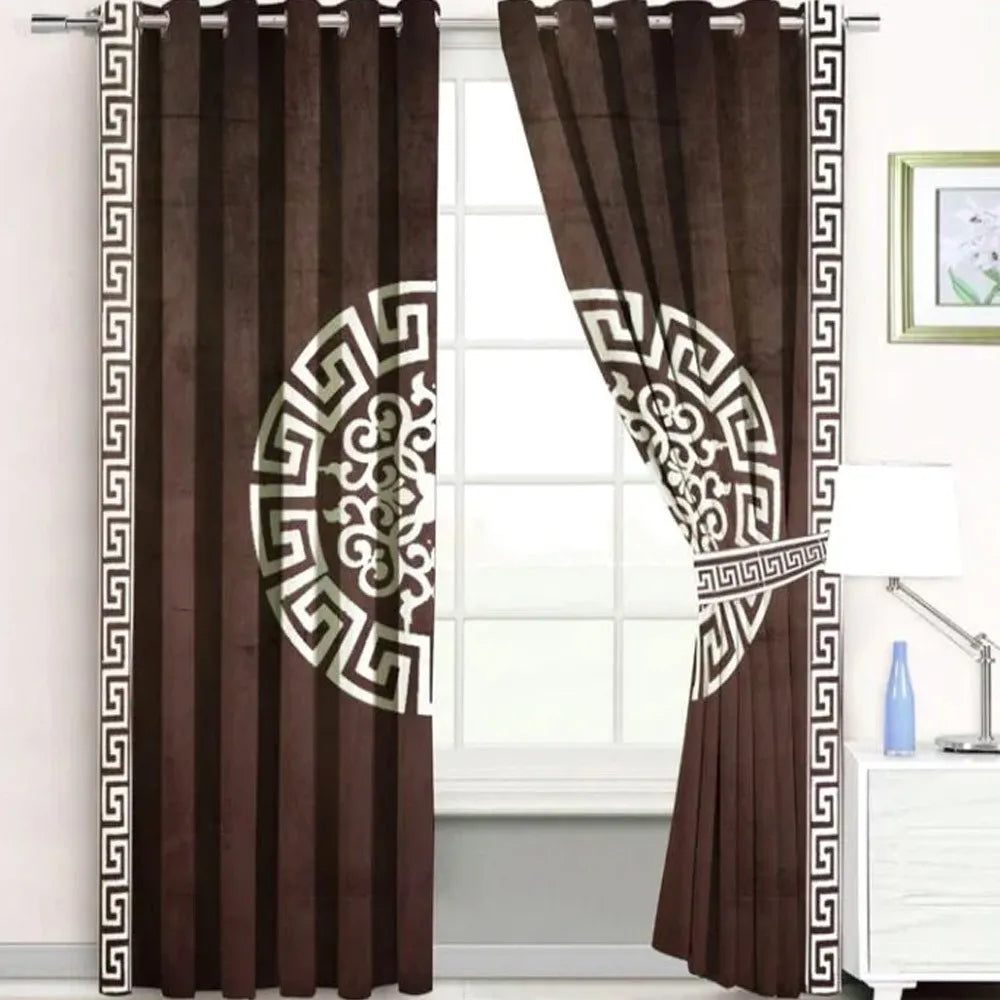 Pair of Versace Velvet Eyelet Curtains White On Brown With Tie Belts