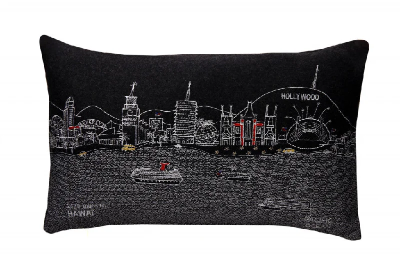 25" Black Los Angeles Nighttime Skyline Lumbar Decorative Pillow