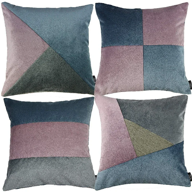 Patchwork Velvet Purple, Blue + Grey Cushion Set