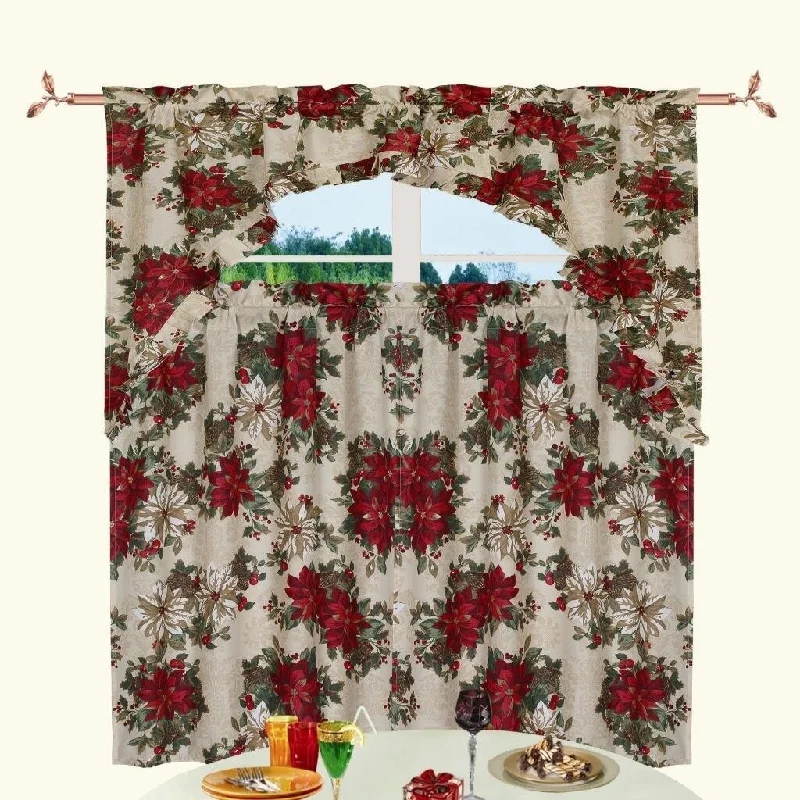 Violet Linen Decorative Christmas Garden 3pc Set 60" x 18" Valance, 30" x 36" Tiers, Decorative Window Kitchen Curtain Set