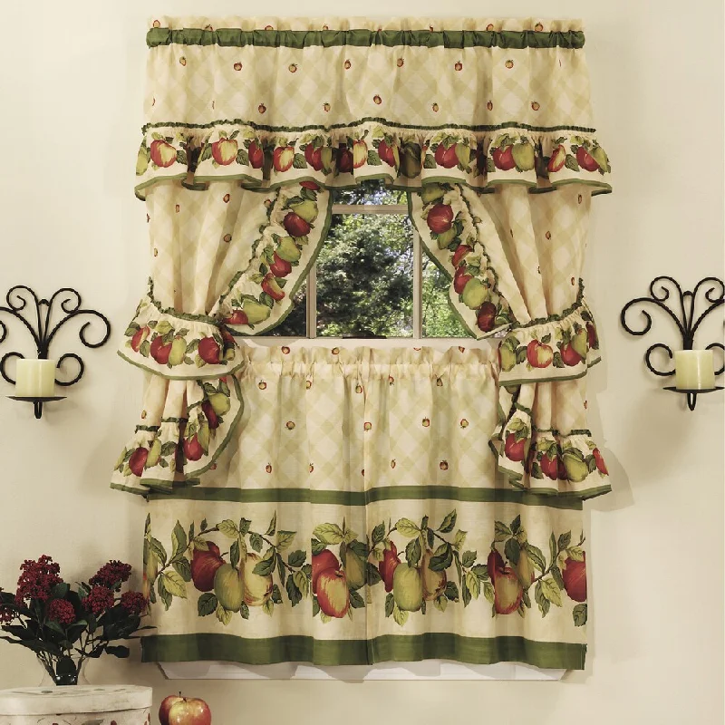 Complete Cottage Curtain Set With Country Apples Print and Green Trim