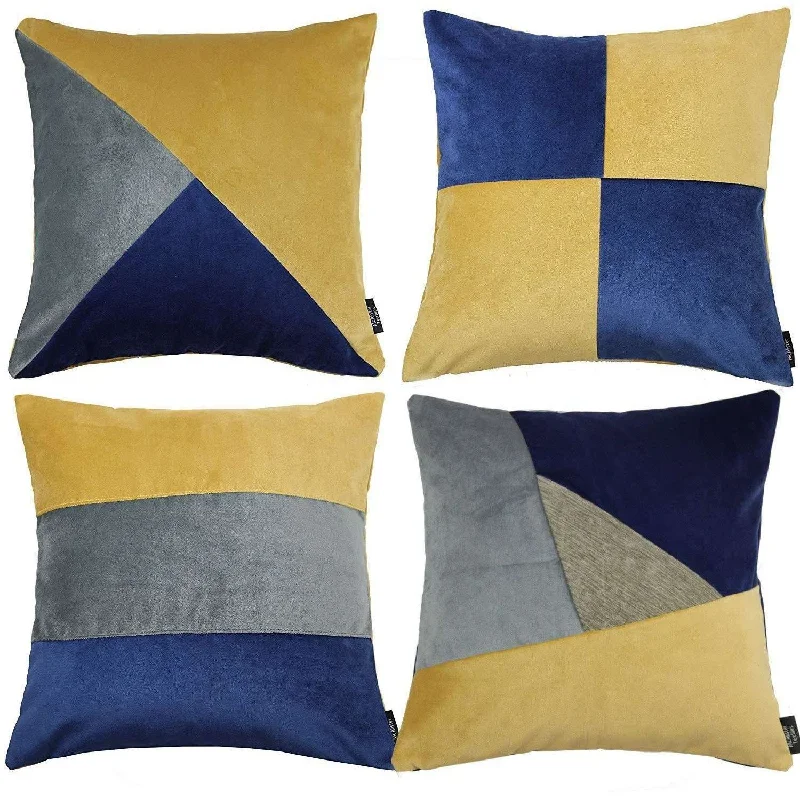 Patchwork Velvet Navy, Yellow + Grey Cushion Set